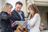 Singer Lindsay Lawler (on right) and her guitarist Chris Roberts going over some last minute notes