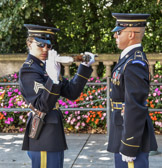 The training cycle is intense, consisting of a series of five exhaustive tests over six to twelve months. The tests focus on outside performance (Changing of the Guard, and "Walking the Mat"), uniform preparation, and knowledge. Outside performance tests on weapons manual, ceremonial steps, cadence, military bearing, and orders. Uniform preparation tests on Tomb uniform standards 2 for the Army Dress Blues, Shoes "Spits", glasses, and brass and metals. Knowledge tests on 35 pages of information on the history of the Tomb and ANC, for which the trainee must recite verbatim - including punctuation.