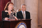 Diane Carlson Evans introduces The Honorable Senator Chuck Hagel who hosted a reception commemorating the 15th Anniversary of the Vietnam Women's Memorial in the Russell Senate Office Building, Washington, DC