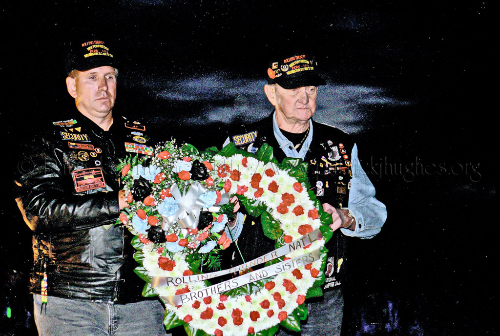 Rolling Thunder® National members Jay Fairlamb and Bob “Boots” Berg  place a wreath at the Memorial