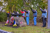 The 3-volley salute is a ceremonial act performed at military and police funerals as part of the drill and ceremony of the Honor Guard. It consists of a rifle party firing blank cartridges into the air three times.