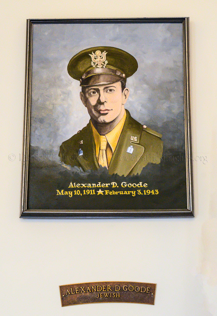 Alexander D. Goode was born in Brooklyn, New York on May 10, 1911. His father was a Rabbi and his mother, Fay had two other sons, Joseph and Moses, and a daughter, Agatha.  He planned to follow in his father’s footsteps and become a Rabbi, but that did not keep him from having a laughing, shouting, hail-fellow-well-met boyhood with all the Protestant and Catholic boys in his neighborhood. He graduated from Eastern in 1929. <br />Alex married his childhood sweetheart, Theresa Flax, daughter of Nathan and Rose Flax. Theresa was a niece of singer and motion picture star, Al Jolson. They were married on October 7, 1935. <br />Rabbi Goode applied to become a chaplain with the U.S. Navy in January 1941, but he was not accepted at that time. Right after Pearl Harbor, he tried again, this time with the Army, and received an appointment on July 21, 1942. Chaplain Goode went on active duty on August 9, 1942 and he was selected for the Chaplains School at Harvard. <br />It was January 1943 when he boarded the U.S.A.T. Dorchester in Boston and embarkation to Greenland. Chaplain Goode was killed in action on February 3, 1943 in the icy waters of the North Atlantic when the Dorchester was sunk by a German U-boat. Chaplain Goode was posthumously awarded the Purple Heart and Distinguished Service Cross.