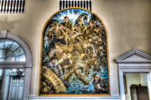 Nils Hogner's mural depiction of the sinking of the USAT Dorchester was dedicated in Philadelphia at the Chapel of Four Chaplains on February 3, 1951 with President Harry S. Truman and Dr. Daniel A. Poling at the dedication.