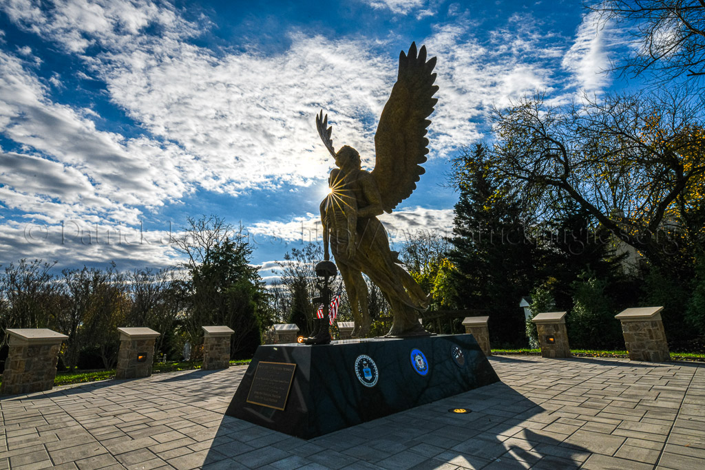 The solid bronze 20-feet-tall statue sculpted by Julio Sanchez De Alba, sits atop a black granite base.  It features the Battlefield Cross (inverted rifle, dog tags, helmet and boots) and an angel carrying a service member to Heaven.