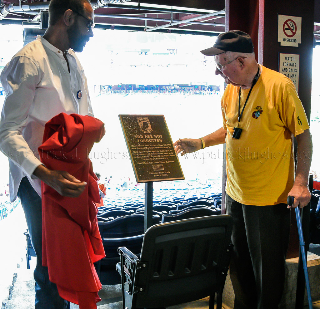Garry Maddox former Phillies All-Star Center fielder # 31 and Jerry Jonas ( Korean War Marine ) unveiled this meaningful memorial, the POW-MIA National Chair of Honor.