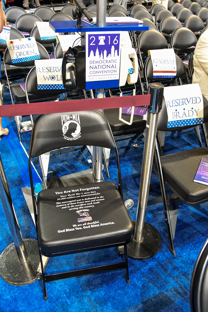 This POW-MIA National Chair of Honor was on display and protected during the entire 2016 DNC.  It was placed on opening night of the convention and shown to all on national TV.  Video link:  https://www.youtube.com/watch?v=NGGk7J1NCTE