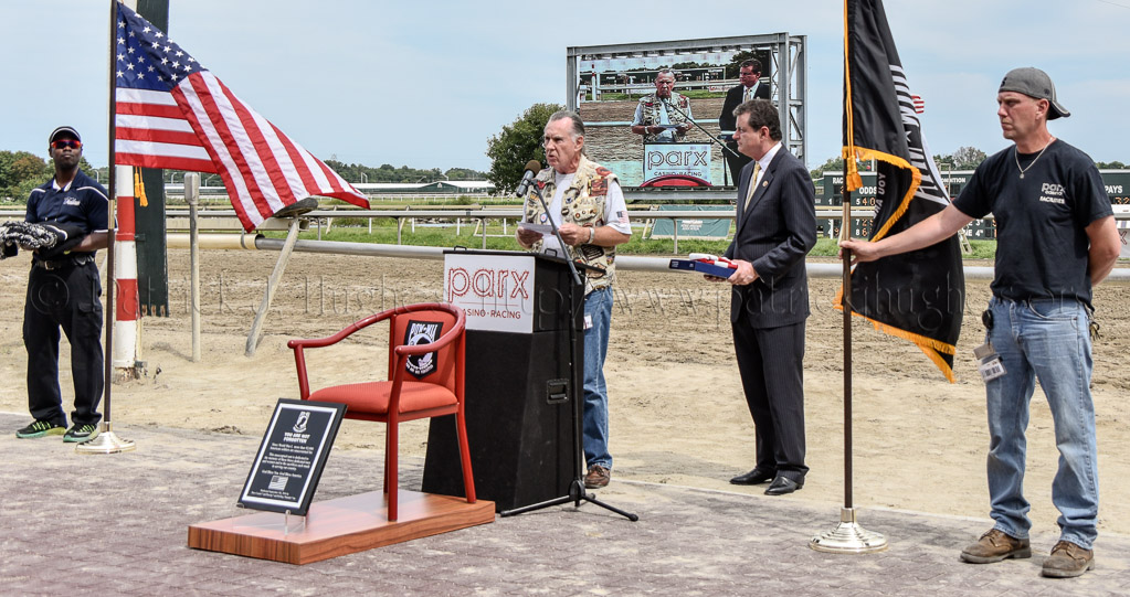After the 1st race ended (Named the POW/MIA race) the POW-MIA National Chair of Honor was brought into the winners circle for the dedication.  Congressman Mike Fitzpatrick and Patrick J. Hughes spoke to the audience about the significance of the placing of this meaningful  memorial to honor our 'still missing' American servicemen.                      PARX Casino and Racing is a horse racing venue and the largest casino gaming complex in Pennsylvania.   2999 Street Road, Bensalem, PA 19020.