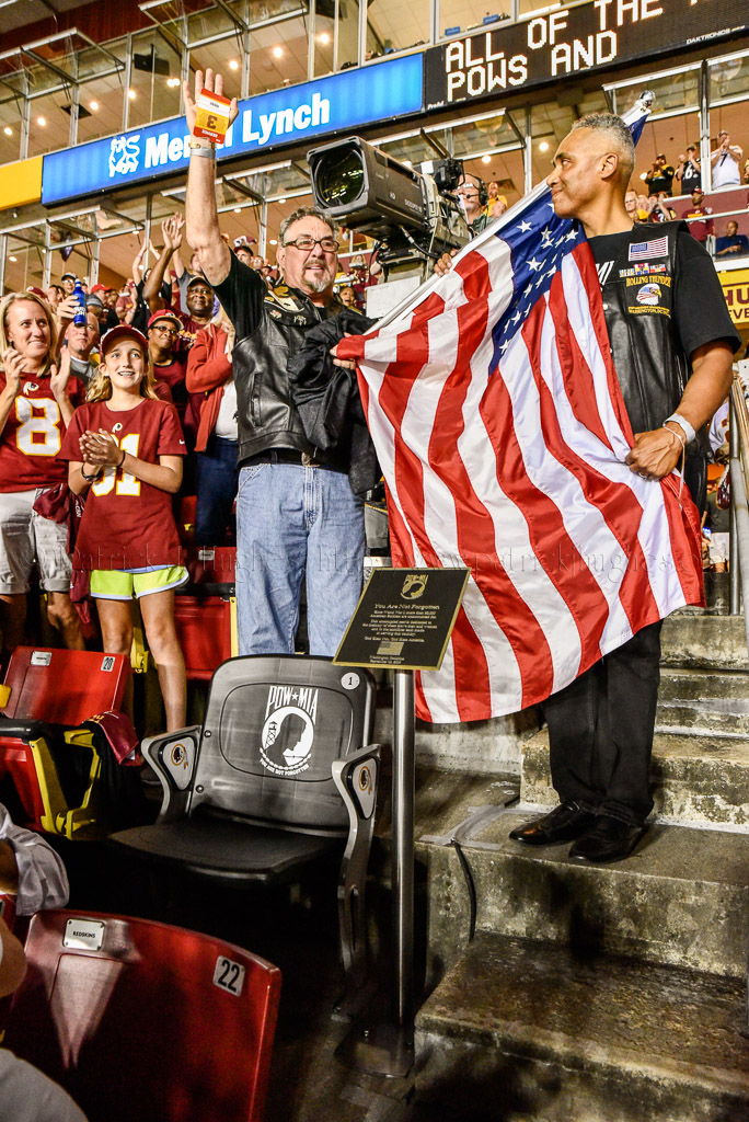 During the first Monday Night NFL football game of the 2016-2017 season at Fed Ex Field, home to the Washington Redskins a POW-MIA National Chair of Honor was dedicated, September 12, 2016.  Walt Sides, a Marine and Vietnam Veteran along with Rob Wilkins USAF, retired. helped to unveil this meaningful memorial.