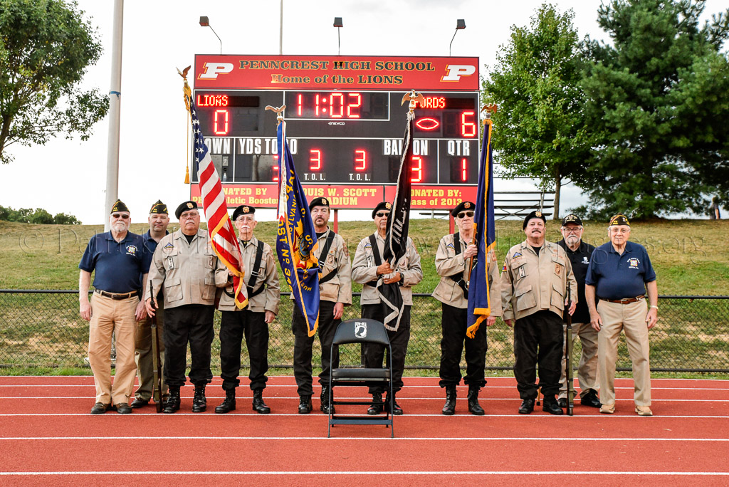 Representatives of Rolling Thunder® Inc., Media VFW Post 3460 joined with members of the Rose Tree Media and Haverford School District Administrators and students to dedicate the POW-MIA National Chair of Honor at the Penncrest High School Stadium in Media, PA on Friday, September 16, 2016.