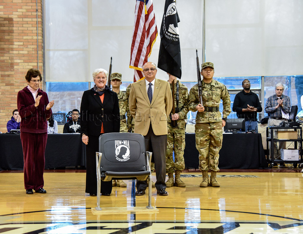 Rosemont College President, Dr. Sharon Hirsh, who sponsored this meaningful memorial and Ralph W. Galati, Captain, United States Air Force, former POW, Shot Down: February 16, 1972, Released: March 28,1973 unveiled the POW-MIA National Chair of Honor on December 3, 2016