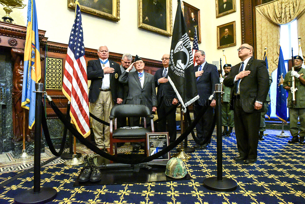 Philadelphia, the City of Brotherly Love, unveils it's “One Empty Seat”, the POW/MIA National Chair of Honor.<br />Honored guest were Vietnam Medal of Honor Mike Thornton, Congressman Robert Brady, World War II Medal of Honor Hershel  “Woody” Williams, Vietnam POW Ralph Galati, Mayor James Kenney and Councilman David Oh.