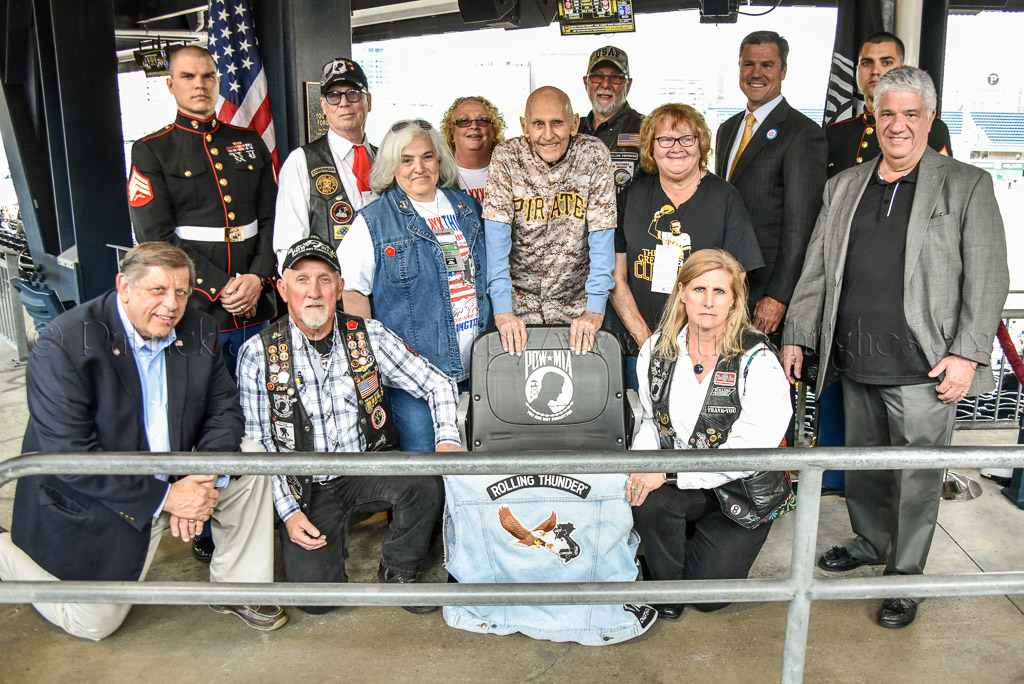 Dick Groat former Pirates  All-Star shortstop, MVP in 1960 and Army Veteran along with Pirates team President Frank Coonelly and PA Chapter 4 Rolling Thunder® VP Kath Webb unveiled their “One Empty Seat”, the POW/MIA National Chair of Honor.