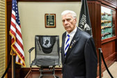Former Korean War POW David W. Mills who was just 17 years old, when he was wounded nine times, twice in the head, six times in the legs and once in the arm helped in the unveiling of Cabela's Hamburg, PA POW/MIA National Chair of Honor on November 3, 2017.