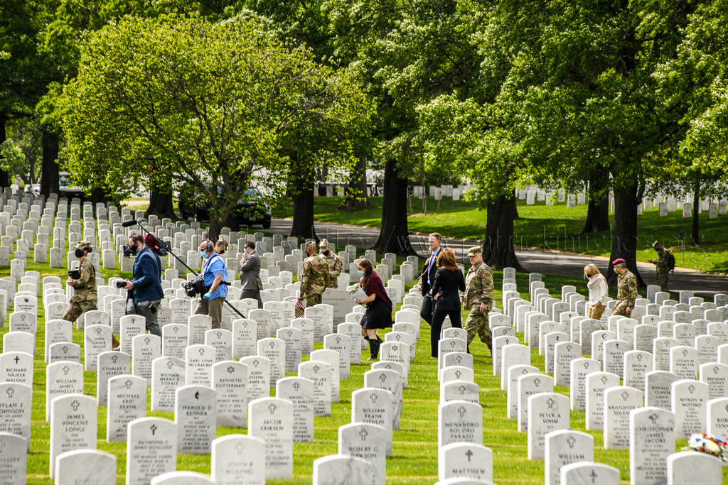 CBS News anchor Norah O'Donnell speaking with General Mark A. Milley who serves as the 20th chairman of the Joint Chiefs of Staff in Section 60 of Arlington National Cemetery.