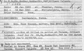 In November 1943, PFC Michael Kocopy was a member of Company E, 2nd Battalion, 2nd Marine Regiment, 2nd Marine Division, Fleet Marine Force, which landed against stiff Japanese resistance on the small island of Betio in the Tarawa Atoll of the Gilbert Islands, in an attempt to secure the island. Over several days of intense fighting at Tarawa, approximately 1,000 Marines and Sailors were killed and more than 2,000 were wounded, while the Japanese were virtually annihilated. Kocopy was killed on the first day of the battle, Nov. 20, 1943.  His remains were reportedly buried in the Central Division Cemetery on Betio Island.